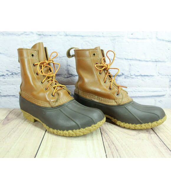 LL Bean Brown Leather Lace Up Round Toe Unlined Ankle Duck Boots Size 7 M - Picture 3 of 10